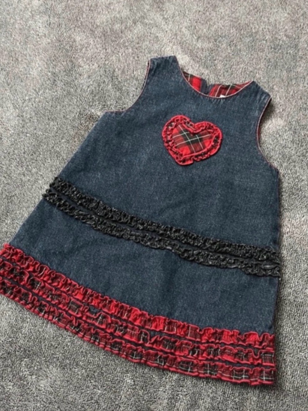 The Children's Place Denim Look Navy Dress with Red Plaid Trim